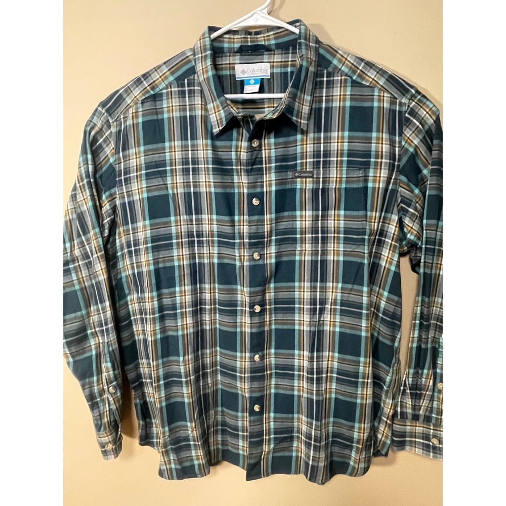 Columbia Button Down Mens XXL Teal Plaid AM8053 Long Sleeve Stretch Shirt
